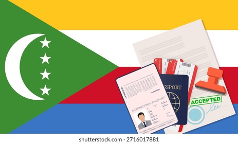 Visto para Comores e Passaporte. Fundo da Bandeira das Comores. Vetor