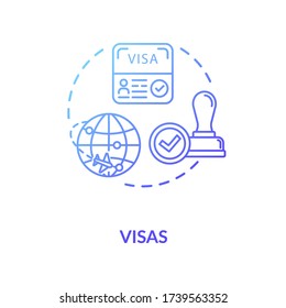 Visa concept icon. Abroad travel. Foreign country document application. Legal immigration approvement idea thin line illustration. Vector isolated outline RGB color drawing