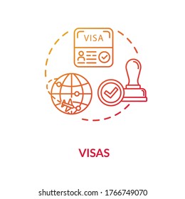 Visa concept icon. Abroad trip. Foreign country document application. Legal immigration approvement idea thin line illustration. Vector isolated outline RGB color drawing