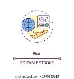 Visa concept icon. Business travel during covid pandemic idea thin line illustration. Exciting journey. Required travel documents. Vector isolated outline RGB color drawing. Editable stroke