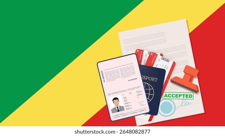 Visto para o Congo e Passaporte. Plano de fundo da bandeira congolesa. Vetor