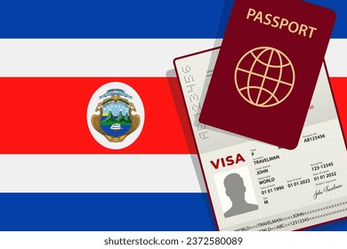 Visa to Costa Rica and Passport. Costa Rican Flag Background. Vector