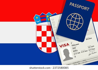 Visa to Croatia and Passport. Croatian Flag Background. Vector