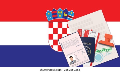 Visto para a Croácia e passaporte. Plano de fundo da bandeira croata. Vetor