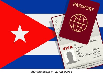 Visa a Cuba y Pasaporte. Fondo de la Bandera Cubana. Vector