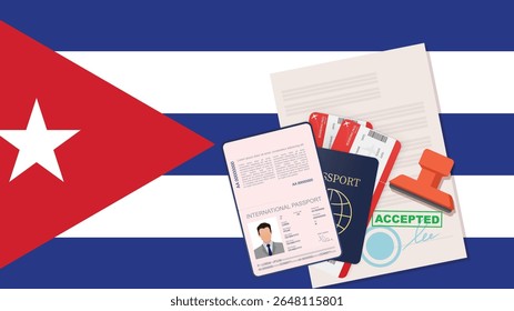 Visto para Cuba e Passaporte. História da Bandeira Cubana. Vetor