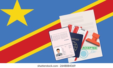 Visto para a República Democrática do Congo e Passaporte. Plano de fundo da bandeira congolesa. Vetor