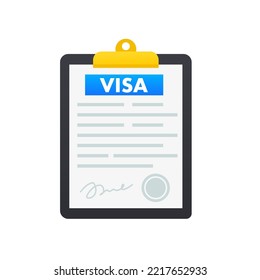 Visa document with signature and stamp Visa program logo design. Clipboard with a visa application form. World travel, tourism. Vector illustration