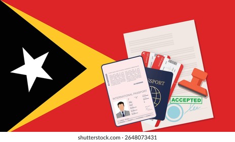 Visto para Timor-Leste e Passaporte. Timor-Leste - Fundo da Bandeira. Vetor