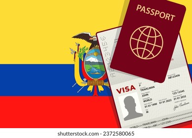 Visa to Ecuador and Passport. Ecuadorean Flag Background. Vector