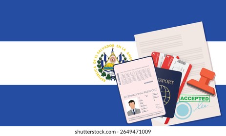 Visa to El Salvador and Passport. El Salvador Flag Background. Vector