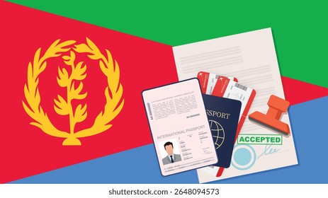 Visto para a Eritreia e Passaporte. História da Bandeira da Eritreia. Vetor