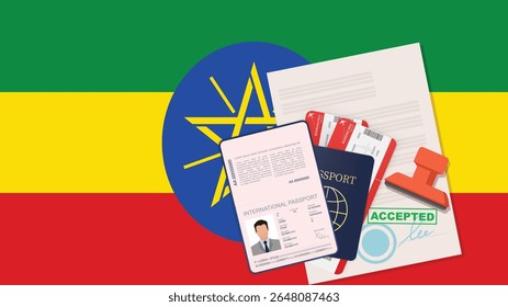 Visto para a Etiópia e passaporte. História da Bandeira da Etiópia. Vetor