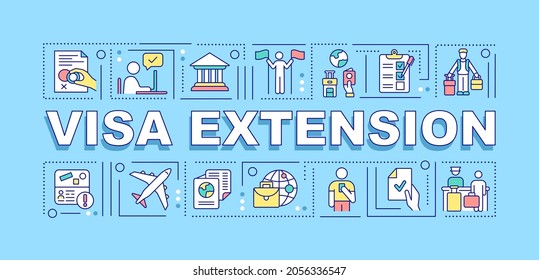 Visa extension word concepts banner. Entry permission approval. Infographics with linear icons on turquoise background. Isolated creative typography. Vector outline color illustration with text