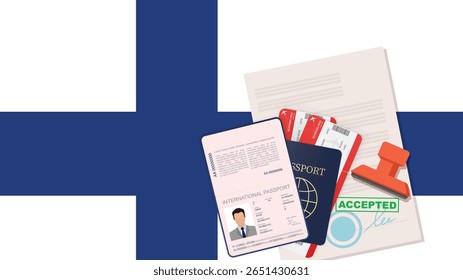 Visto para a Finlândia e passaporte. Histórico da Bandeira da Finlândia. Vetor
