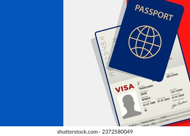 Visa to France and Passport. French Flag Background. Vector