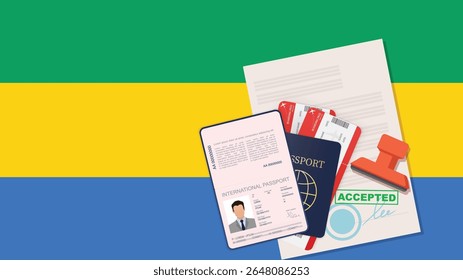 Visto para Gabão e Passaporte. Fundo da Bandeira Gabonesa. Vetor