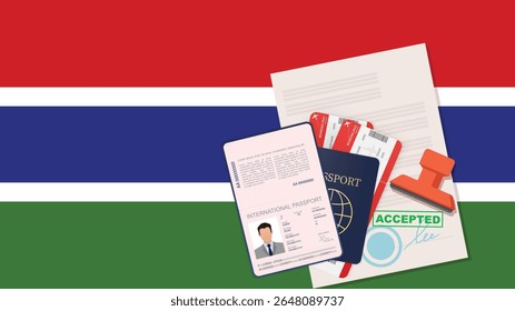 Visto para Gâmbia e Passaporte. Fundo da Bandeira da Gâmbia. Vetor