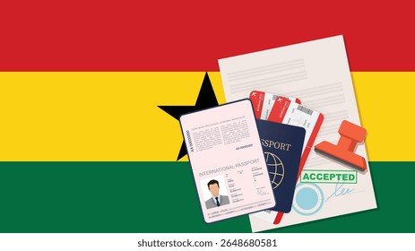 Visa to Ghana and Passport. Ghana Flag Background. Vector