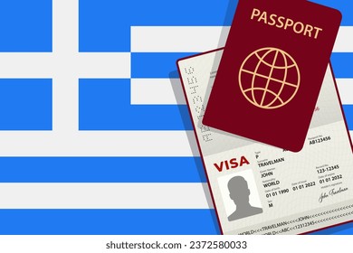 Visa to Greece and Passport. Greek Flag Background. Vector