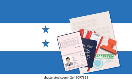 Visto para Honduras e Passaporte. História da Bandeira de Honduras. Vetor