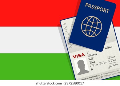 Visa to Hungary and Passport. Hungarian Flag Background. Vector