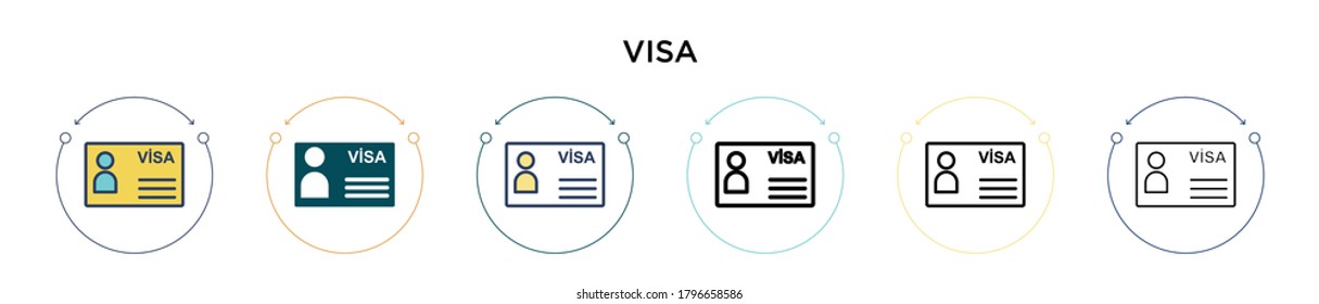 Icono de visa con estilo relleno, delgado, contorno y trazo. Ilustración vectorial de dos diseños de iconos de vectores de visas de color y negro se pueden usar para móviles, ui, web