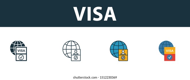 Visa icon set. Four elements in diferent styles from icons collection. Creative visa icons filled, outline, colored and flat symbols.