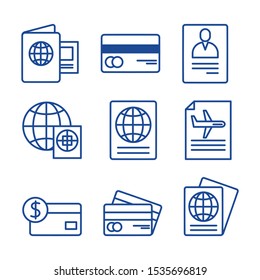 Visa icon set. Outline thin line illustration. Isolated on white background. 