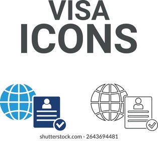 Ícones de visto, Ícones de arte de linha. Ele contém um contrato, um acordo, um passaporte, um bilhete de identidade, um certificado, uma licença, uma patente, um testamento e muito mais. Coleção de ícones sólidos de vetor
