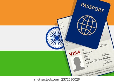 Visa to India and Passport. Indian Flag Background. Vector