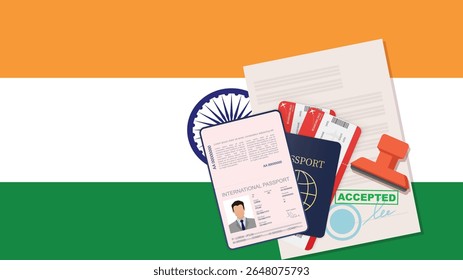 Visa para a Índia e Passaporte. Plano de fundo da bandeira indiana. Vetor