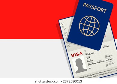 Visa to Indonesia and Passport. Indonesian Flag Background. Vector