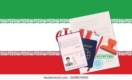 Visa para o Irã e Passaporte. História da Bandeira Iran. Vetor