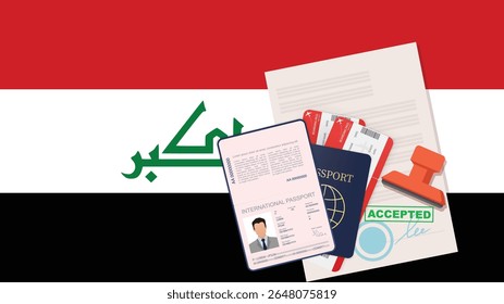 Visto para o Iraque e passaporte. História da Bandeira do Iraque. Vetor