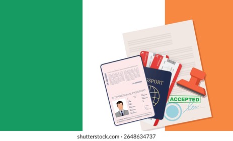 Visa to Ireland Passport. Irish Flag Background. Vector