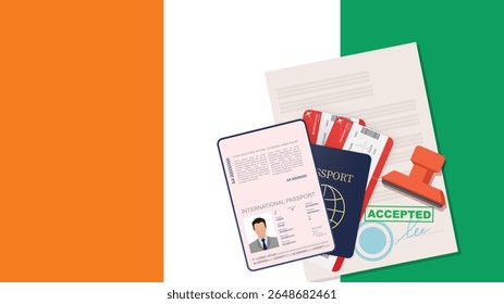 Visto para a Costa do Marfim e passaporte. Fundo da bandeira da Costa do Marfim. Vetor