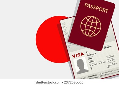 Visa to Japan and Passport. Japanese Flag Background. Vector