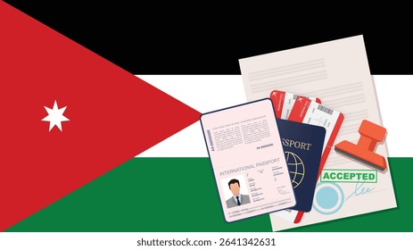 Visa to Jordan Passport. Jordanese Flag Background. Vector
