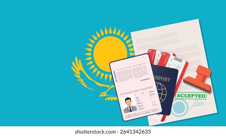 Visa to Kazakhstan and Passport. Kazakh Flag Background. Vector