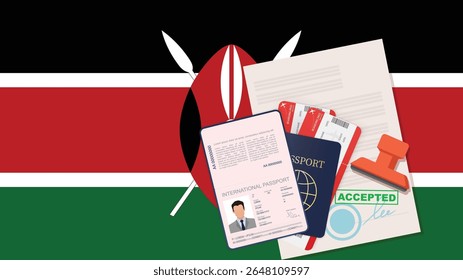 Visa para o Quênia e Passaporte. Fundo da Bandeira do Quênia. Vetor