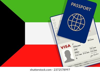 Visa to Kuwait and Passport. Kuwaiti Flag Background. Vector