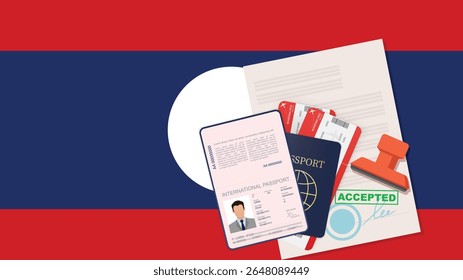 Visto para o Laos e Passaporte. Histórico da bandeira do Laos. Vetor