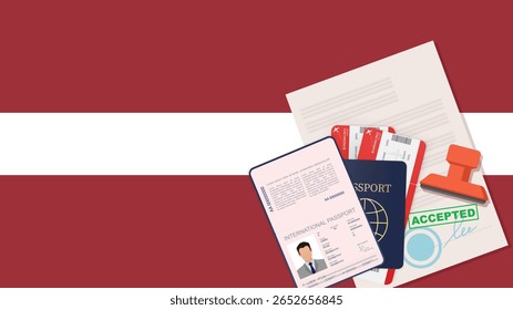 Visto para a Letónia e passaporte. História da Bandeira Letã. Vetor