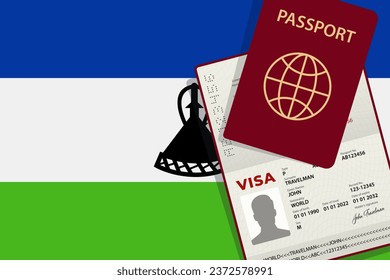 Visum für Lesotho und Reisepass. Lesotho Flaggenhintergrund. Vektorgrafik