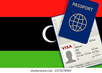 Visa to Libya and Passport. Libyan Flag Background. Vector