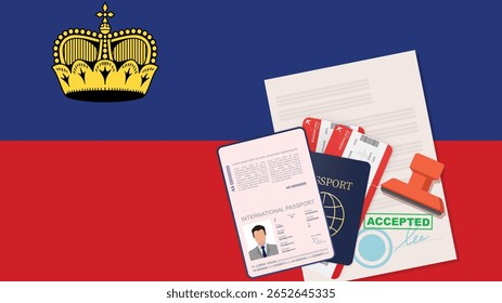 Visto para Liechtenstein e Passaporte. História da Bandeira de Liechtenstein. Vetor