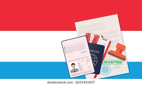 Visto para o Luxemburgo e Passaporte. Vetor de Plano de Fundo da Bandeira do Luxemburgo