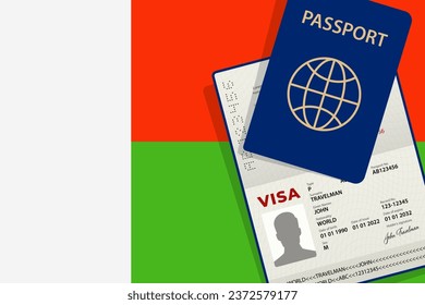 Visa to Madagascar and Passport. Madagascar Flag Background Vector