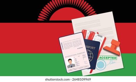 Visto para o Malawi e Passaporte. Vetor de Fundo da Bandeira do Malawi